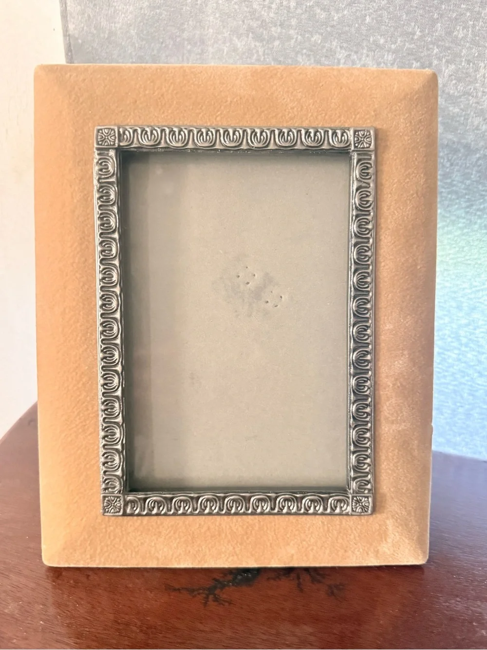 Vintage Velvet Photo Frame with Ornate Silver Trim - Tan Holds 5X7 picture